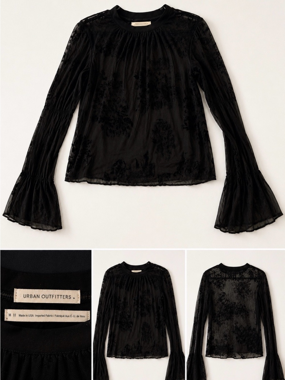 Urban Outfitters Black Burnout Velvet Long-Sleeve Top